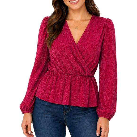 Morgan Taylor Tops - Red Crinkle Plissé Peplum Blouse Surplice Bishop Sleeve Party Large Coquette